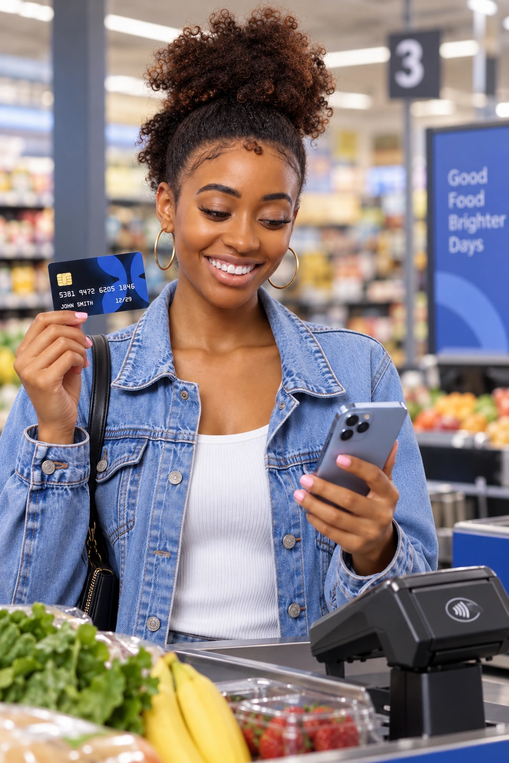 Woman shopping with her phone and Xend card