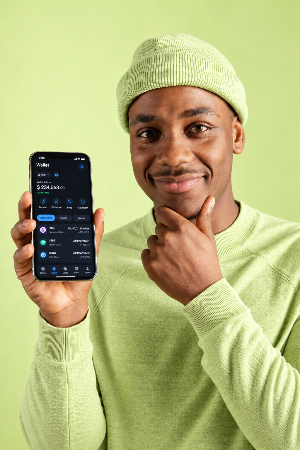 Man holding a phone with the crypto wallet open